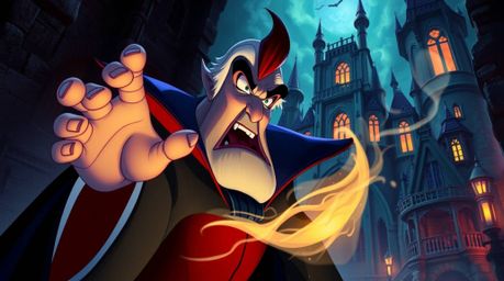Experience a dramatic, cinematic illustration of a classic Disney villain with strong facial features, conjuring a spell with