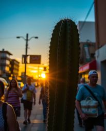 In a spontaneous moment captured through candid street photography, a desert cactus glows in the last rays of the sun against