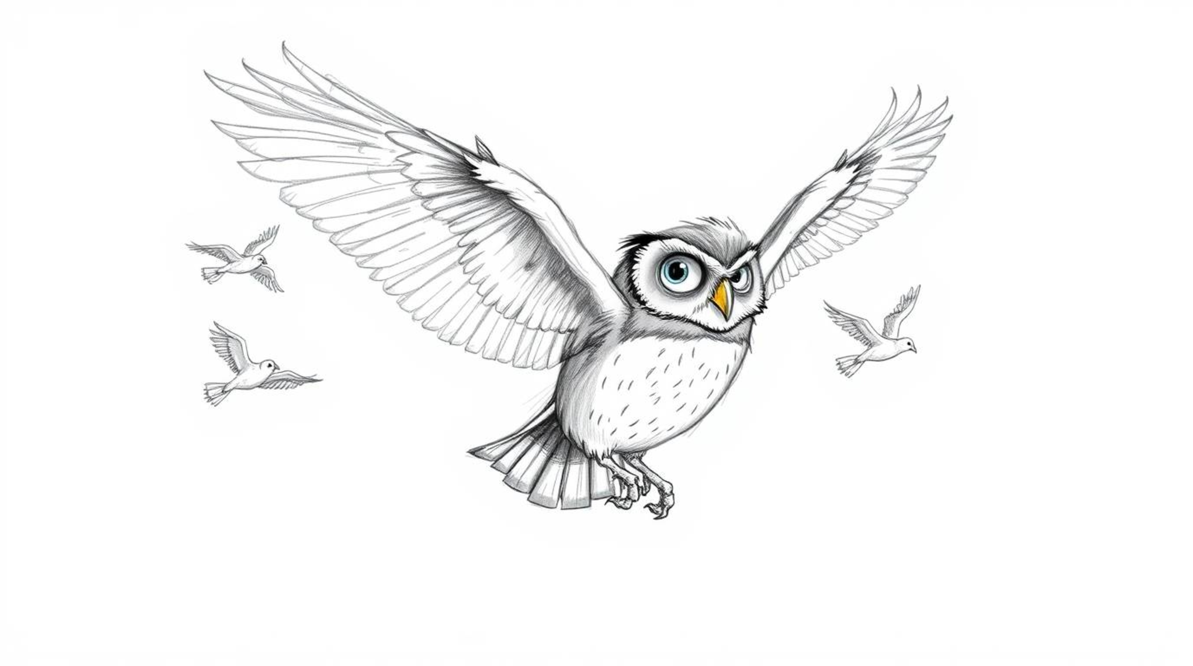 A captivating Pixar-style sketch depicts a blind owl patiently teaching birds to fly.  The textured pencil strokes and rough 
