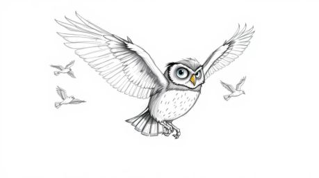 A captivating Pixar-style sketch depicts a blind owl patiently teaching birds to fly.  The textured pencil strokes and rough 