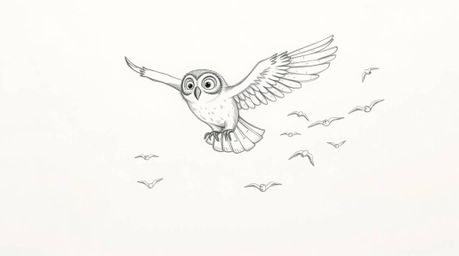 A charming hand-drawn sketch in the style of Pixar features a blind owl gracefully mid-flight, guiding a flock of birds. The 