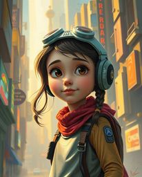 A captivating acrylic painting in a vibrant Pixar-like style depicts a young inventor girl amidst a futuristic cityscape.  Th