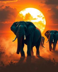 A dynamic digital sketch of elephants walking across a sunset field, featuring volumetric lighting with complementary epic co