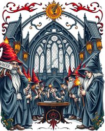 This captivating artwork depicts a magical school brimming with young wizards, rendered in a symbolic traditional tattoo art 