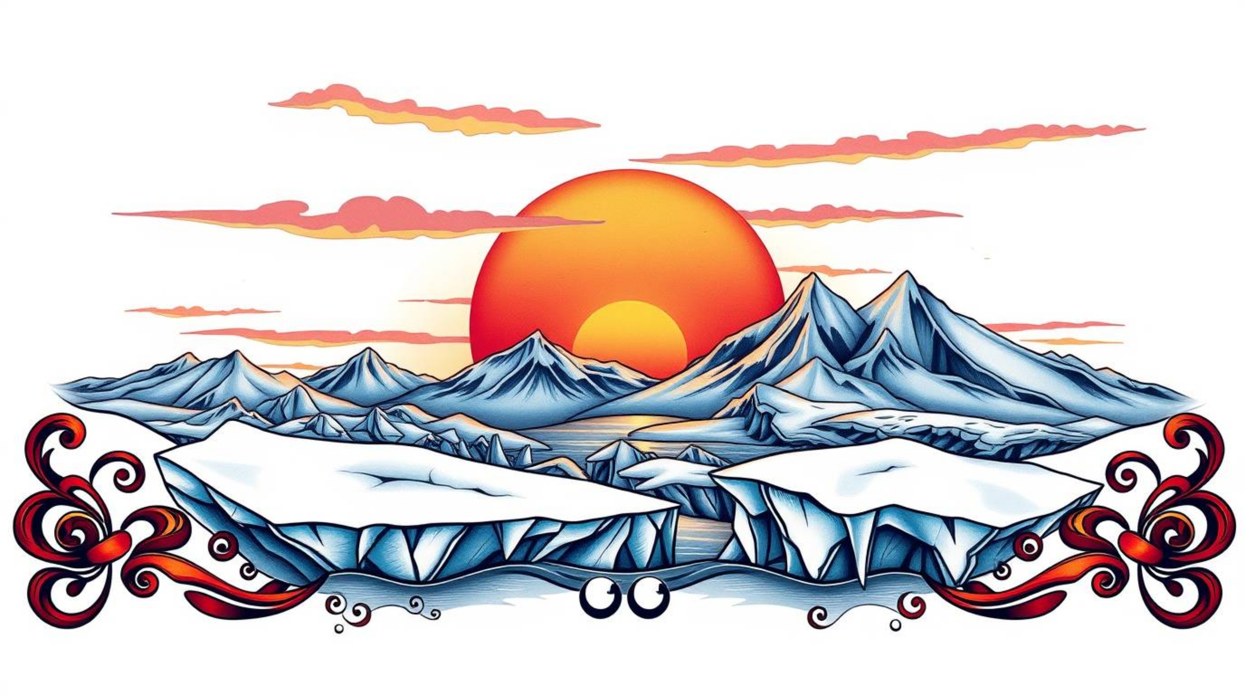 This symbolic tattoo art print features a graceful and elegant sunset cascading over icy polar glaciers. The vibrant colors a