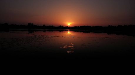 A serene scene featuring a calm pond mirroring a vibrant sunset, with intense jet black tones creating deep shadows. The artw