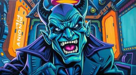 Witness a hilarious villainous meltdown in a state-of-the-art, high-tech lair brought to life through a bold acrylic painting