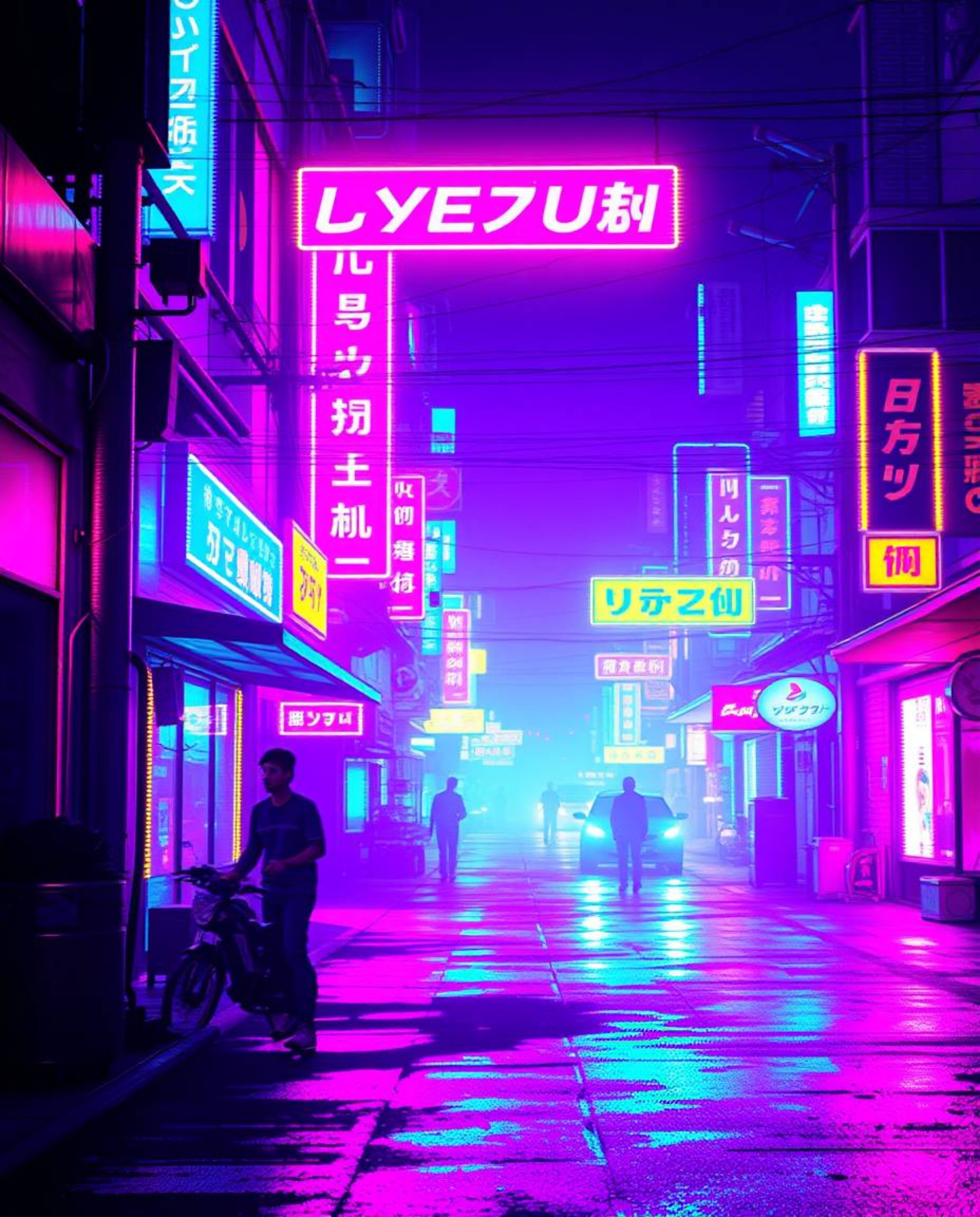 Immerse yourself in a pixelated glitch image of a cyberpunk street, awash in a vibrant and bright neon haze. Strong, hard lig