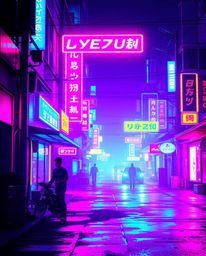 Immerse yourself in a pixelated glitch image of a cyberpunk street, awash in a vibrant and bright neon haze. Strong, hard lig
