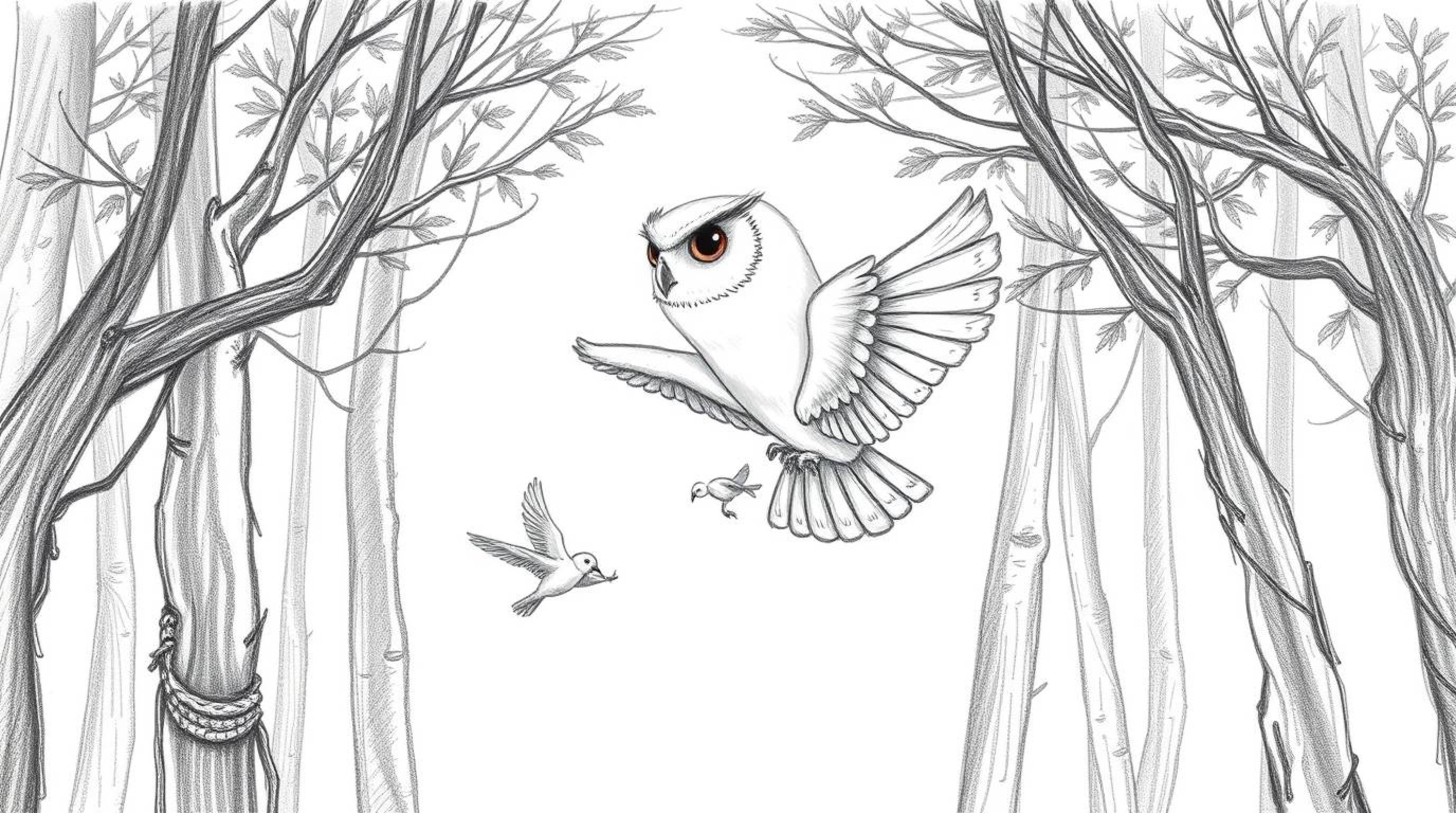 A charming hand-drawn pencil sketch, reminiscent of Pixar animation, depicts a blind owl with soft feathers gently guiding yo