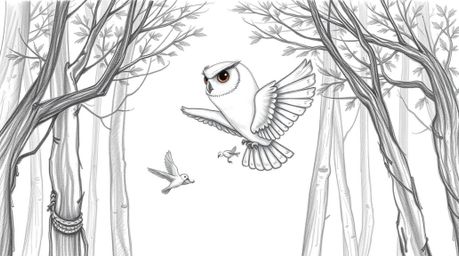 A charming hand-drawn pencil sketch, reminiscent of Pixar animation, depicts a blind owl with soft feathers gently guiding yo