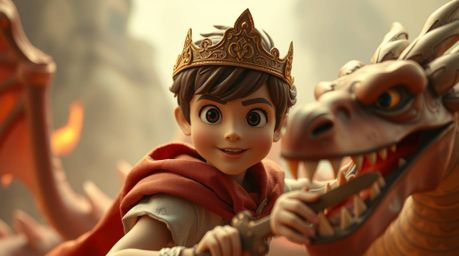 A charming prince, rendered in a nostalgic 1950s animation style with a unique papier-mâché texture, bravely battles a fiery 