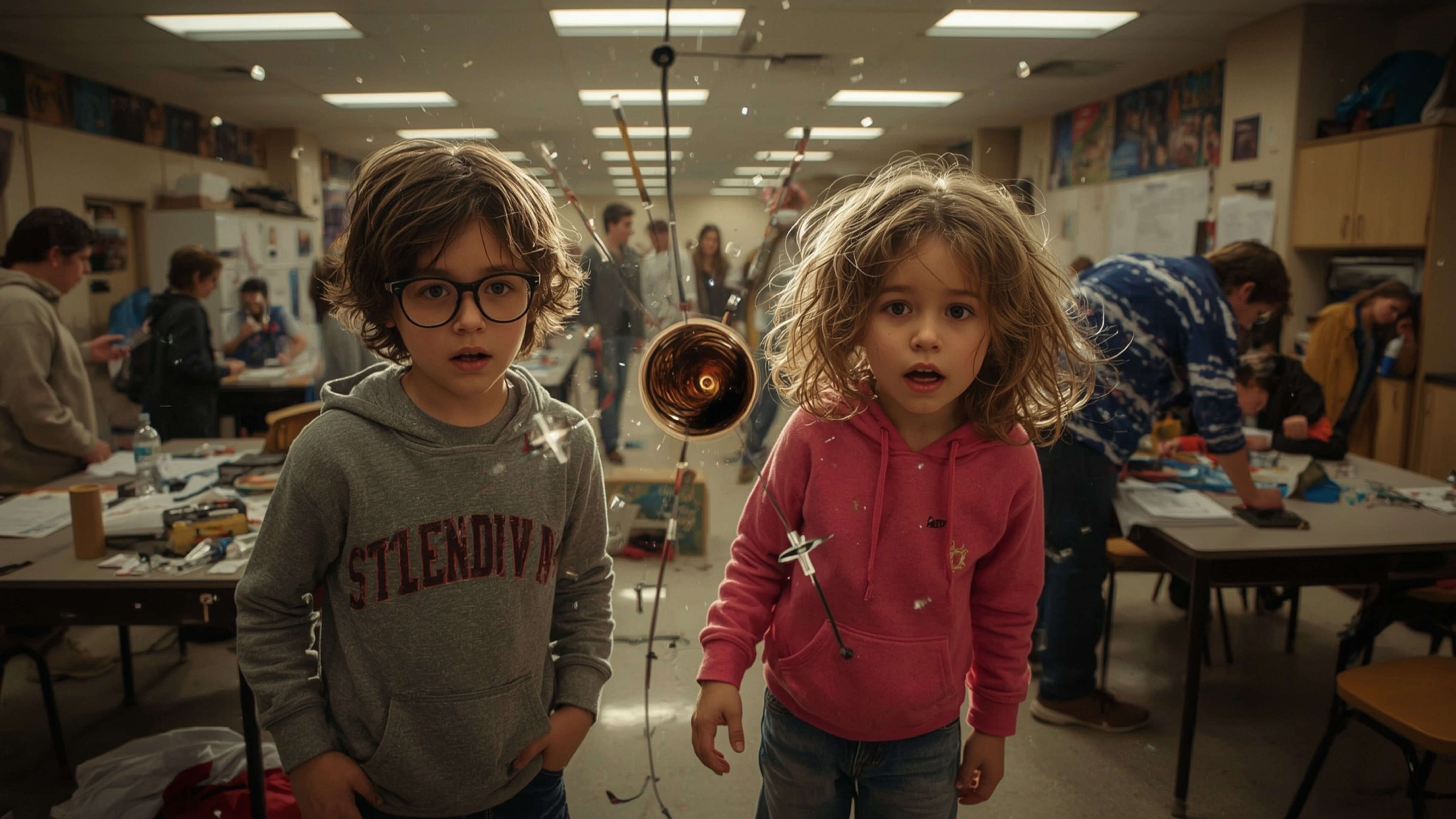 In a cinematic, high-drama photograph with a subtle, Pixar-inspired stylization, a science fair duo unintentionally creates a