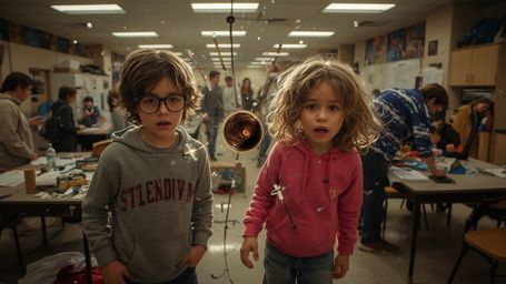 In a cinematic, high-drama photograph with a subtle, Pixar-inspired stylization, a science fair duo unintentionally creates a