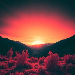 Experience the ethereal beauty of a sunset over a tranquil mountain valley, captured with a low-angle perspective and infrare