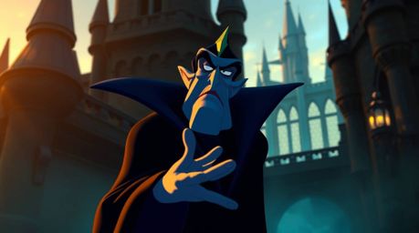 A captivating image of a classic Disney villain casting a spell within a majestic old castle.  The scene is bathed in warm go