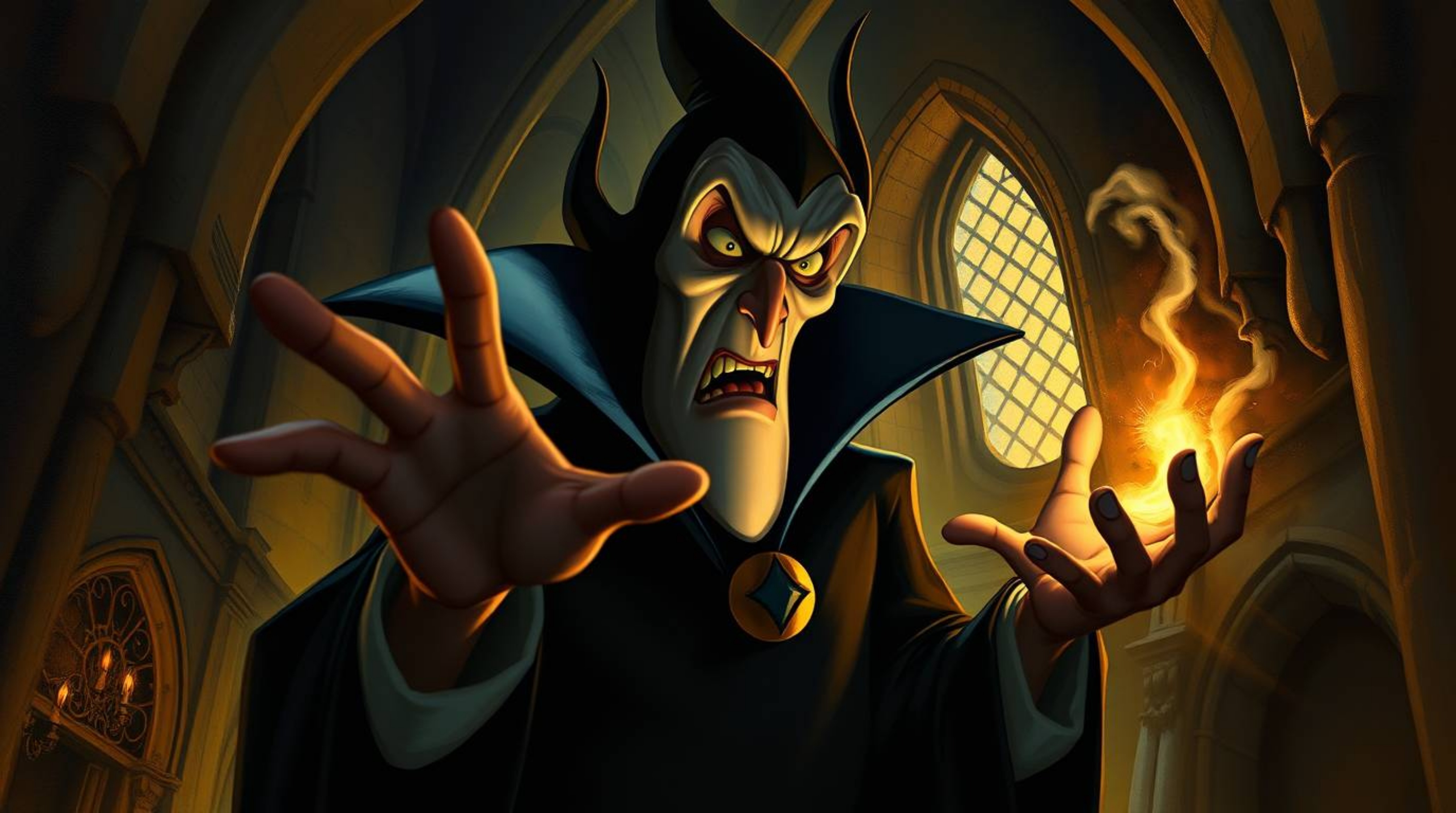 A captivating digital painting in the style of chiaroscuro depicts a classic Disney villain casting a spell within an ancient