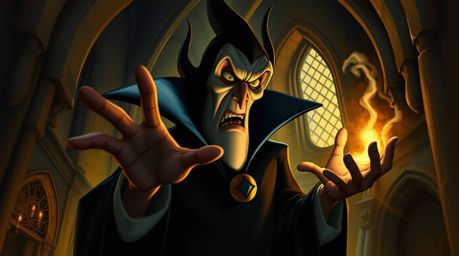 A captivating digital painting in the style of chiaroscuro depicts a classic Disney villain casting a spell within an ancient