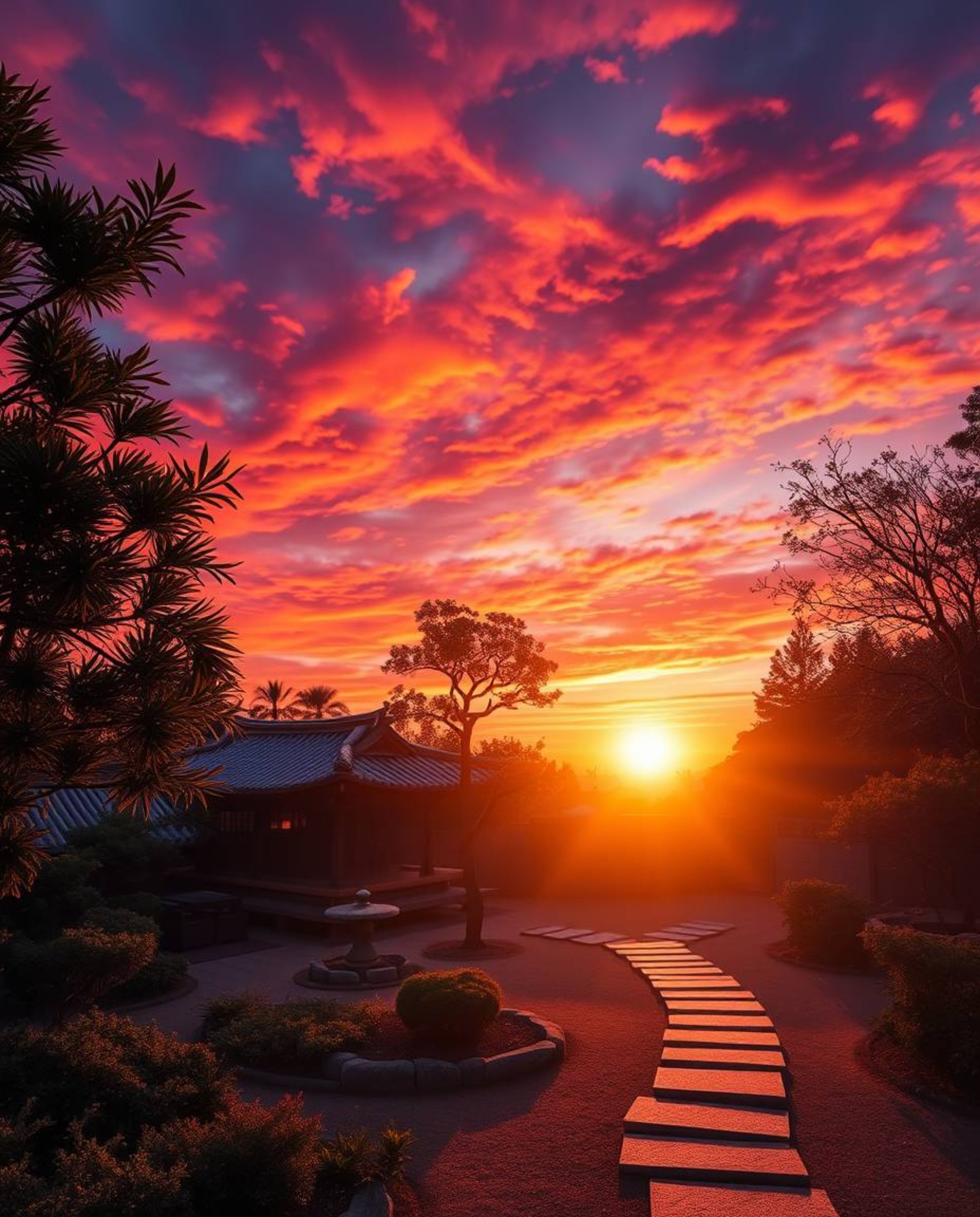 Experience a serene Zen garden at sunset, bathed in the warm, soft light of the golden hour. This stunning scene is rendered 