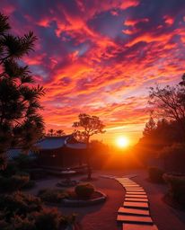 Experience a serene Zen garden at sunset, bathed in the warm, soft light of the golden hour. This stunning scene is rendered 