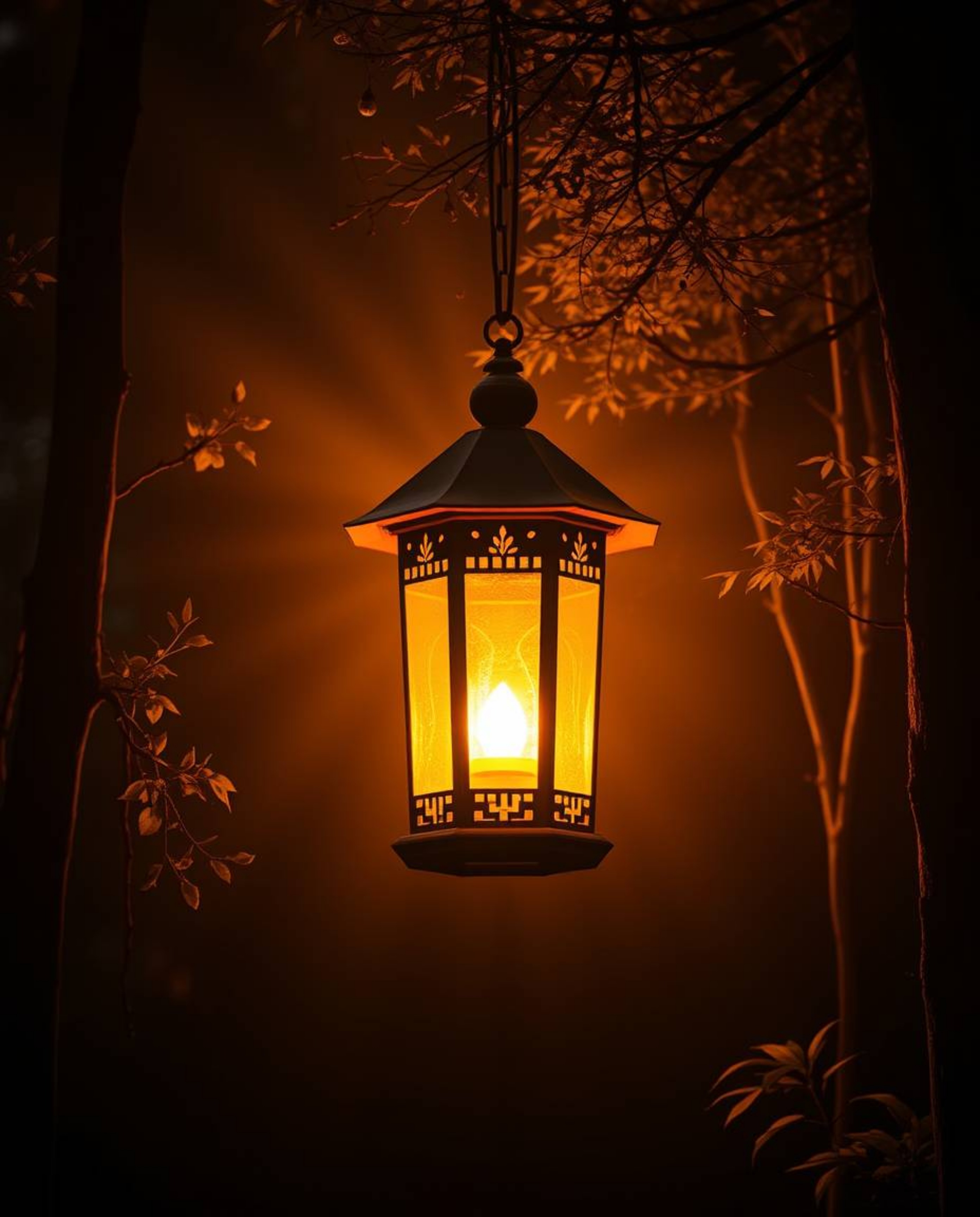 Discover the captivating image of a warm, golden glowing lantern illuminating a dark forest.  Experience the rich color palet