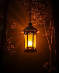 Discover the captivating image of a warm, golden glowing lantern illuminating a dark forest.  Experience the rich color palet