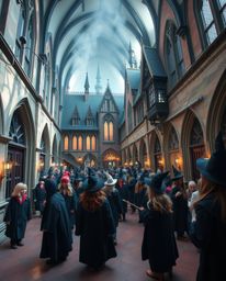 Capture the enchanting essence of a magical school filled with young wizards through precise architectural color photography.