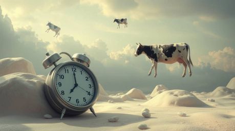 Immerse yourself in a surreal dreamscape featuring melting clocks and floating cows, rendered in soft pastel colors and a dra
