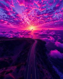 This digital painting presents a stunning overhead bird's eye view of a sunset sky casting its glow over a winding coastal hi