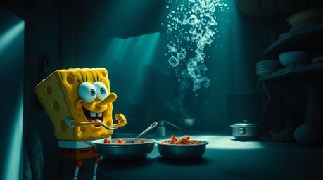 A captivating fine art photograph depicts a sponge character immersed in culinary creation within a whimsical underwater kitc