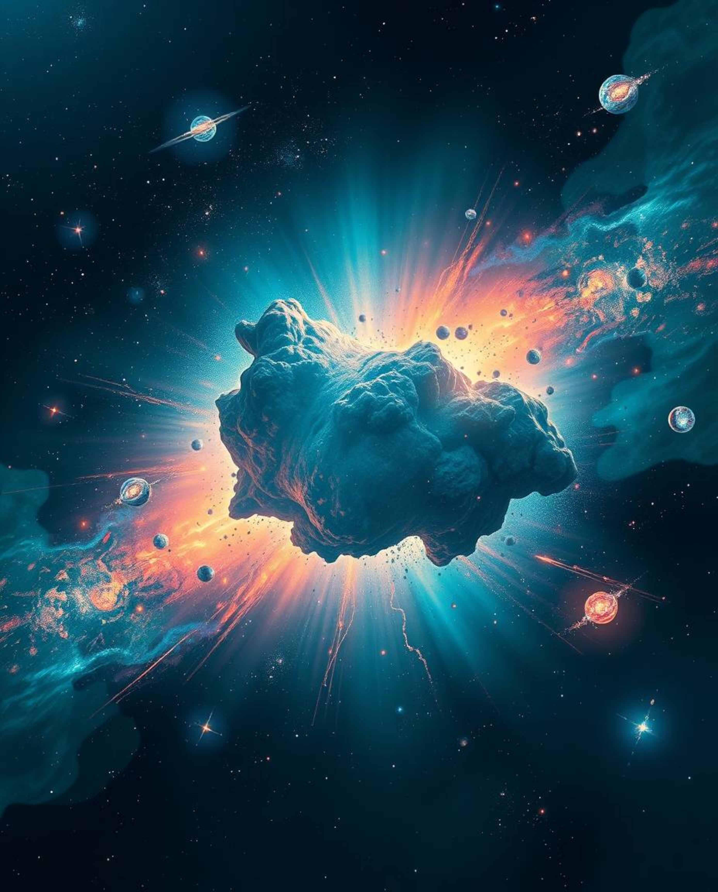 A breathtaking cinematic illustration depicts the collision of two galaxies in a vibrant cosmic explosion.  Rendered in a ric