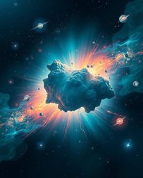 A breathtaking cinematic illustration depicts the collision of two galaxies in a vibrant cosmic explosion.  Rendered in a ric