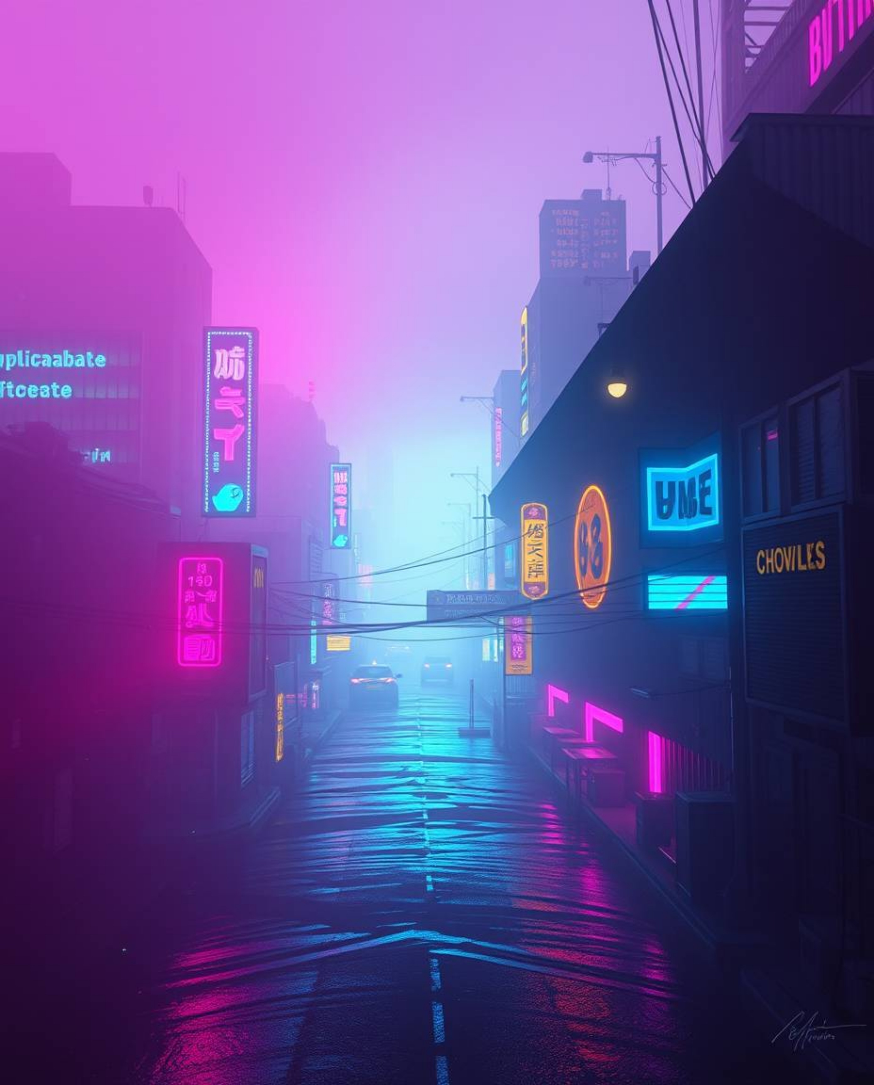 A captivating image showcasing a vibrant cyberpunk cityscape bathed in colorful neon lights.  The scene is dramatically split