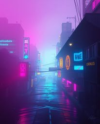 A captivating image showcasing a vibrant cyberpunk cityscape bathed in colorful neon lights.  The scene is dramatically split