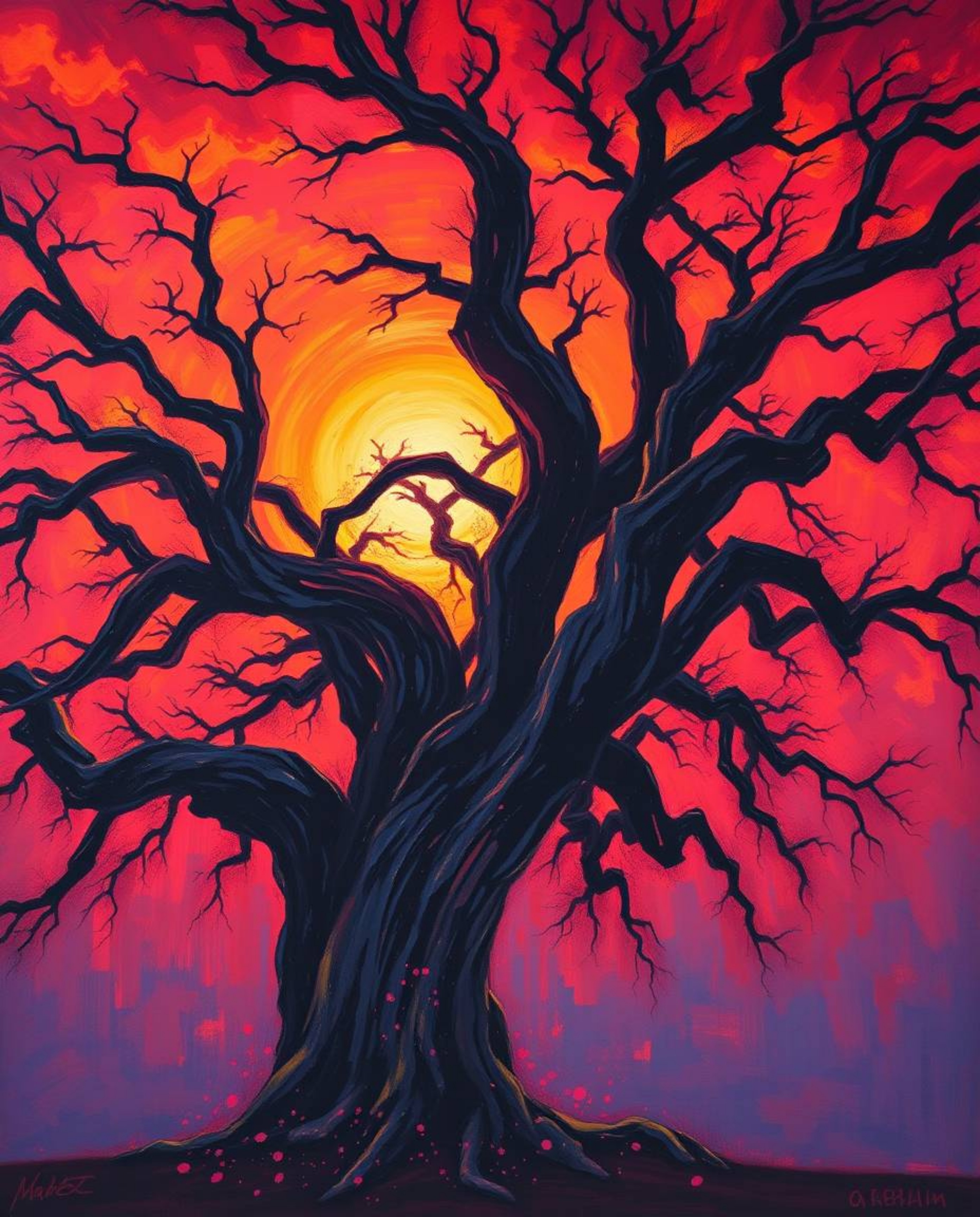 A bold acrylic painting in a dramatic cinematic style. Featuring vibrant colors and textured brushstrokes, this artwork uses 