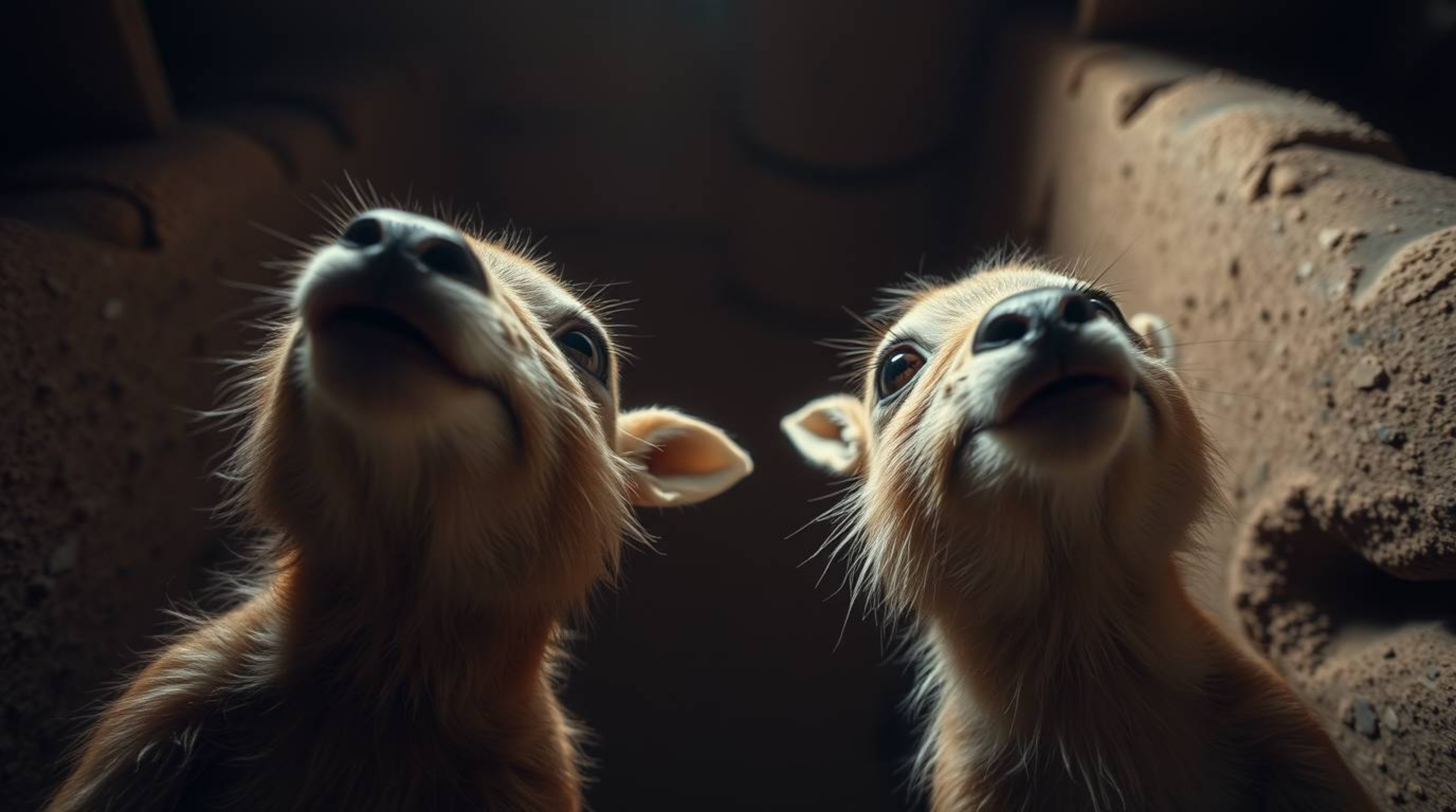 Experience a whimsical scene from a low-angle perspective featuring two mischievous talking animals looking up with dramatic 