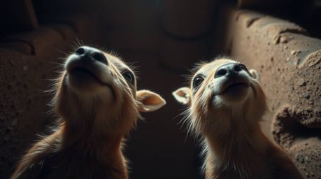 Experience a whimsical scene from a low-angle perspective featuring two mischievous talking animals looking up with dramatic 