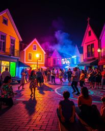 Experience a captivating musical number set in a bright town square, alive with the magic of glowing bioluminescent colors an