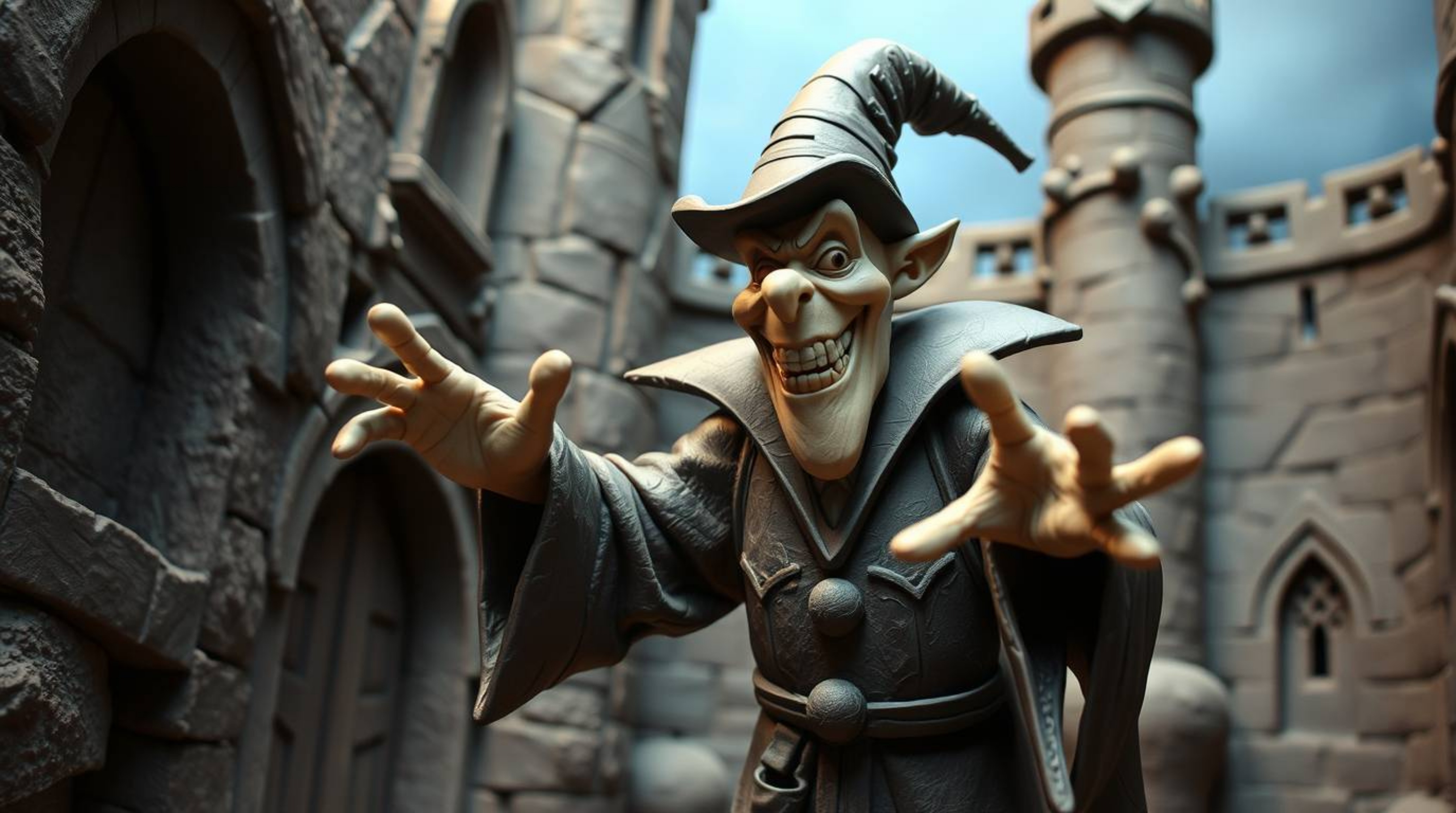 This stunning sculptural clay art piece depicts a classic Disney villain in dynamic motion, casting a spell within the aged w