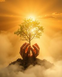 An ethereal and spiritual image depicts hands planting a tree beneath a radiant golden sky.  Volumetric lighting casts beams 