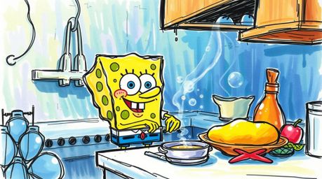 Discover a whimsical hand-drawn illustration of a vibrant sponge character passionately cooking in a magical underwater kitch