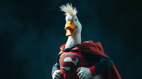 A duck dressed in a zany superhero costume is brought to life with intense dramatic lighting and a strong, moody style. The u