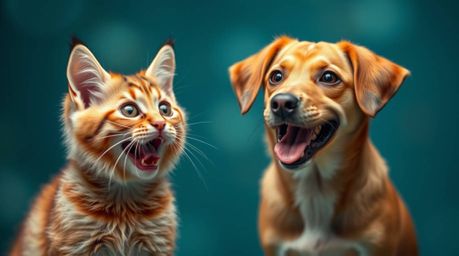 A high-resolution stock photo features a playful cat and dog duo engaged in mischievous antics.  The vibrant image boasts a l
