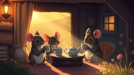 A captivating digital painting showcases anthropomorphic mice enjoying a delightful tea party within a cozy cottage.  Bathed 
