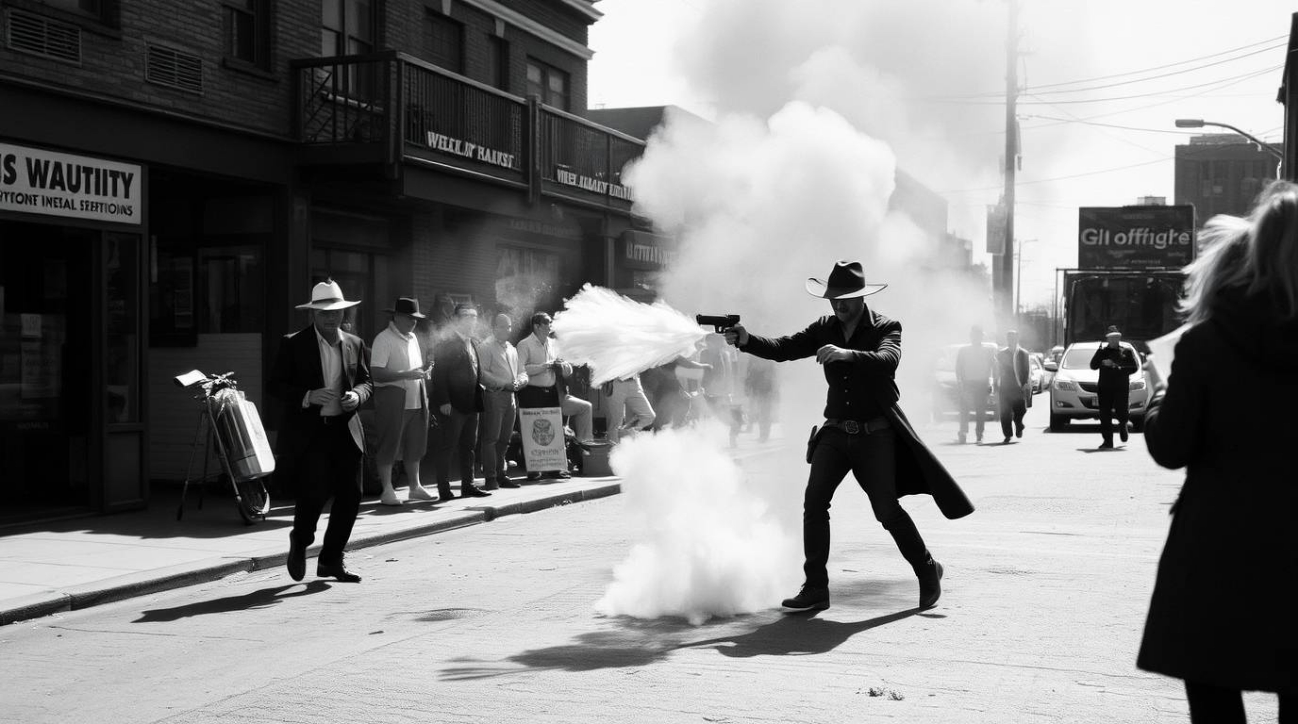 A captivating collection of candid black and white street photographs captures a spontaneous and dramatic moment – a wild wes