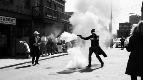 A captivating collection of candid black and white street photographs captures a spontaneous and dramatic moment – a wild wes