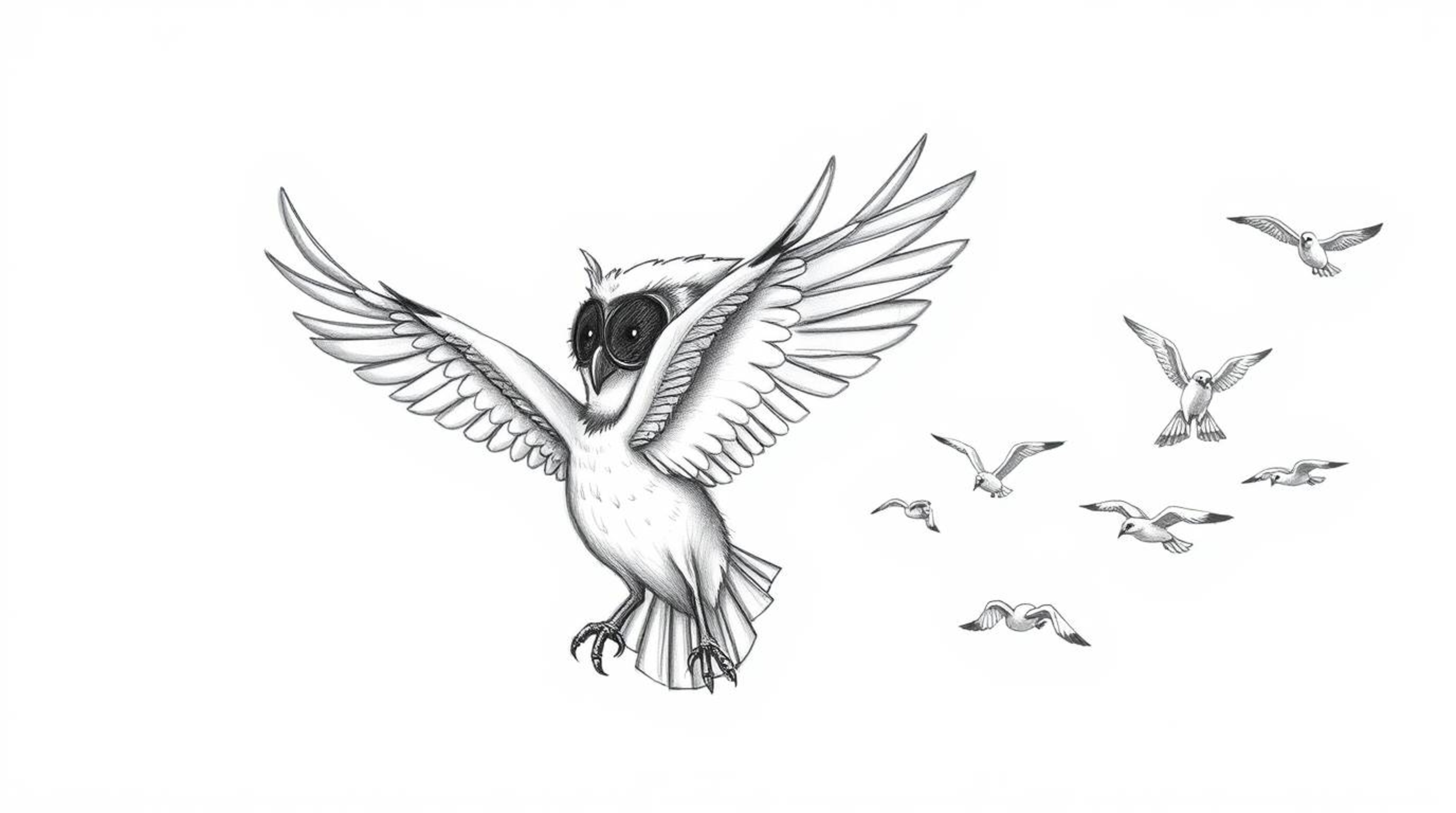 A hand-drawn sketch in the style of Pixar depicts a blind owl, its face radiating wisdom and gentleness, guiding a flock of b