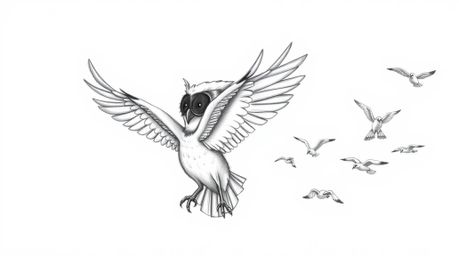 A hand-drawn sketch in the style of Pixar depicts a blind owl, its face radiating wisdom and gentleness, guiding a flock of b