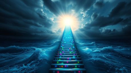 A dramatic staircase rises from the ocean into a stormy sky, illuminated by iridescent and bioluminescent colors and a divine