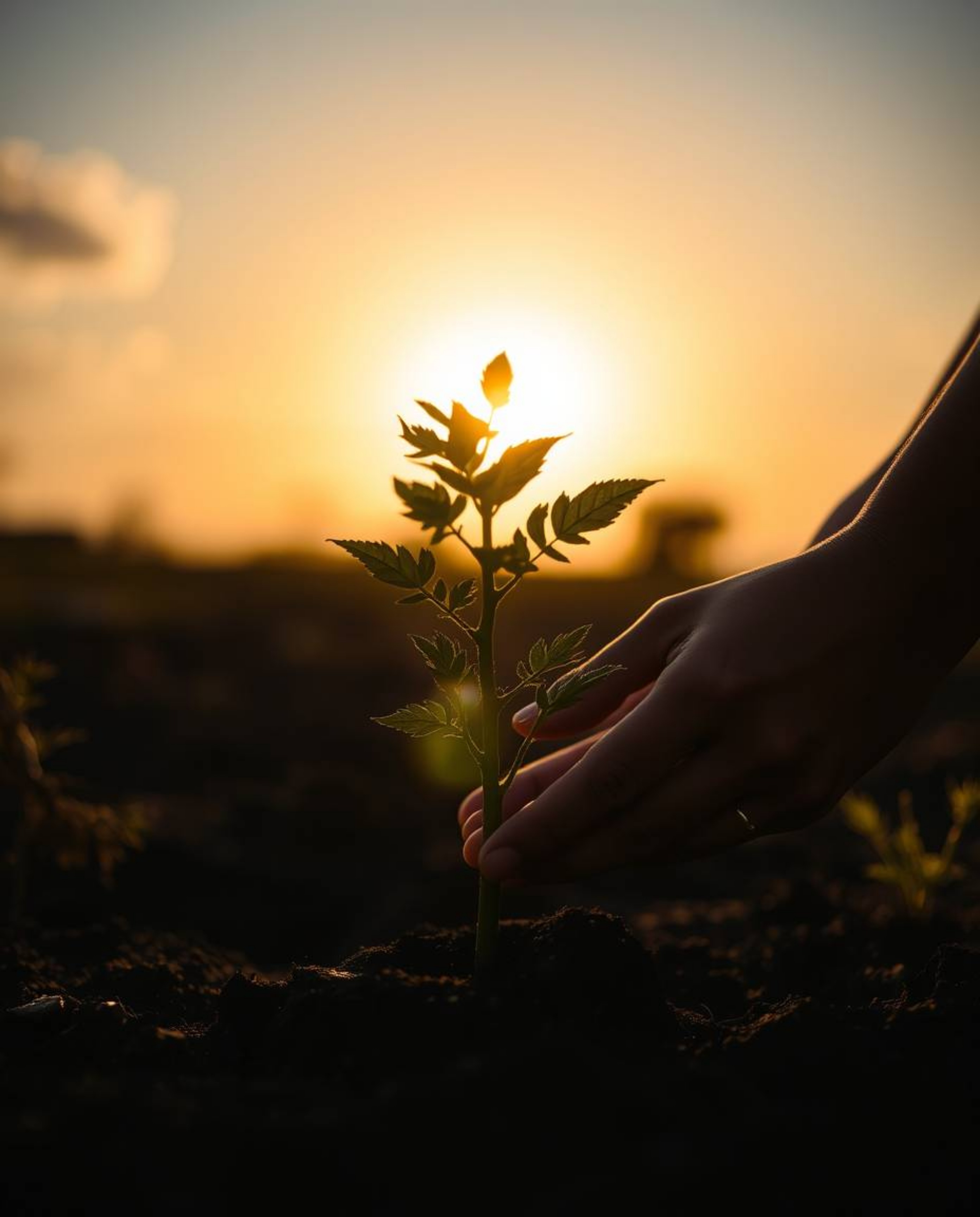 A captivating close-up captures the beauty of planting a tree as hands tenderly interact with the earth beneath a breathtakin